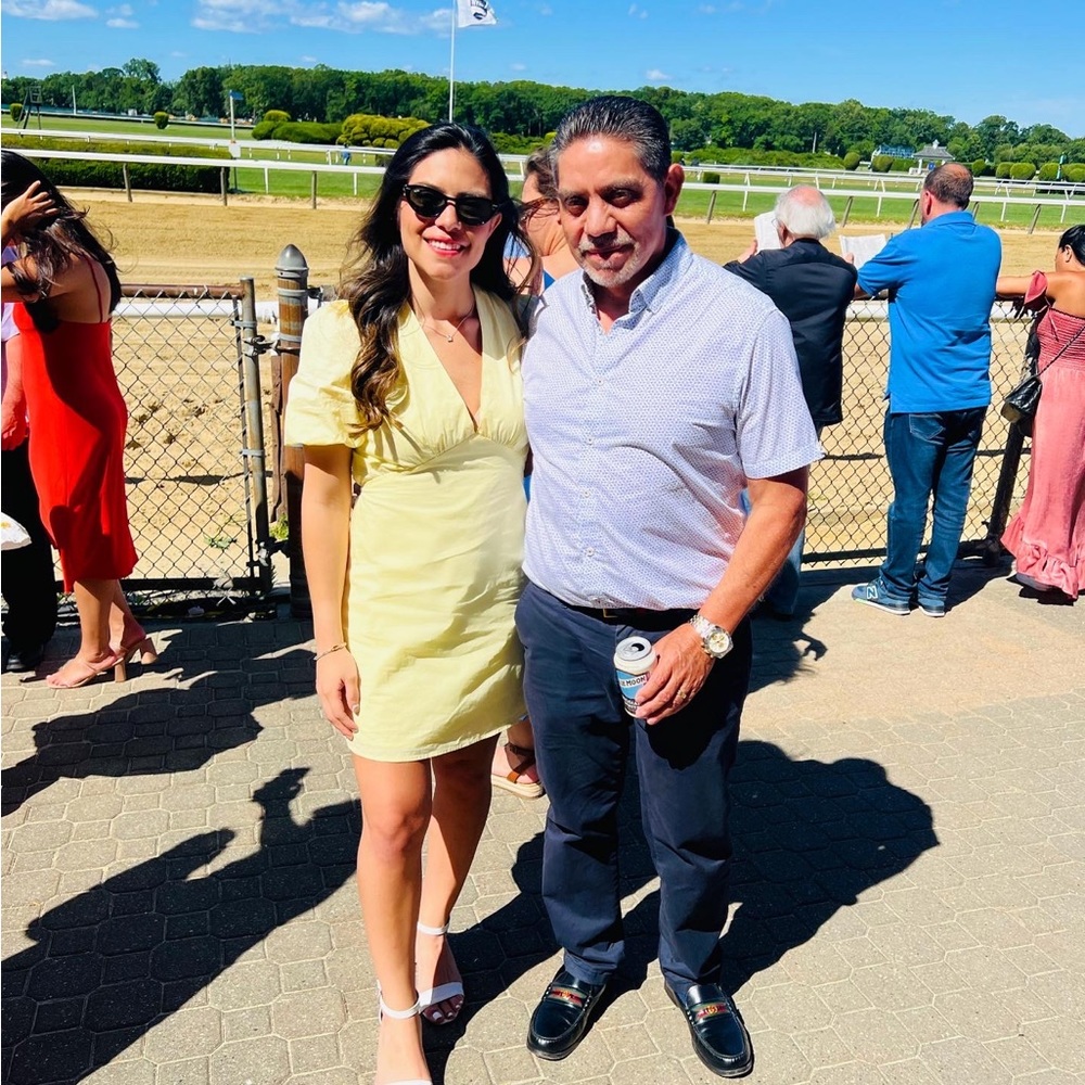 Yellow dress with puffy sleeves.
